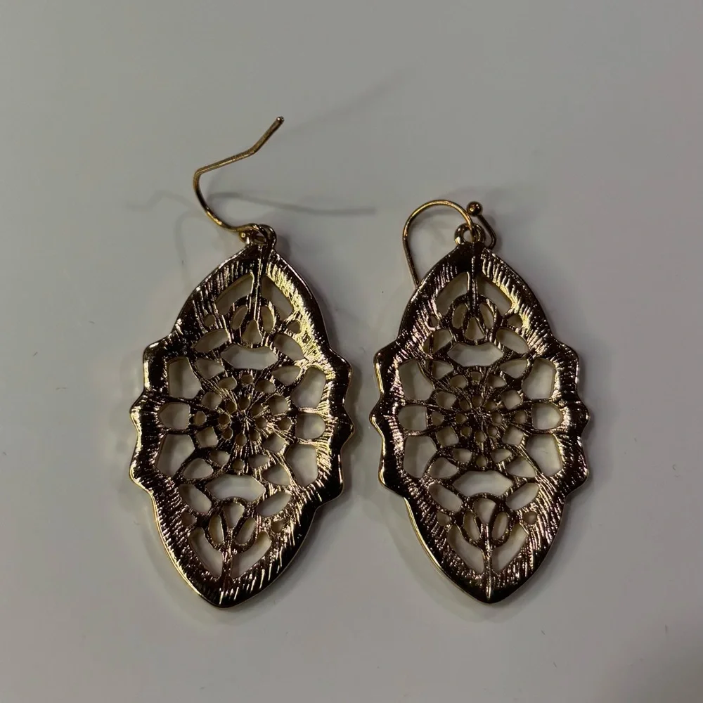 Beautiful Gold Colored & Rhinestone Dangle Earrings - Picture 4 of 6